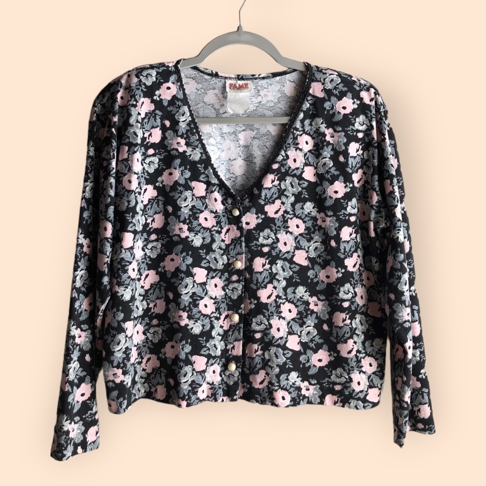 Vintage 80s FAME Floral Cottage Core Cardigan Pearl Buttons Grandma Medium 9/10